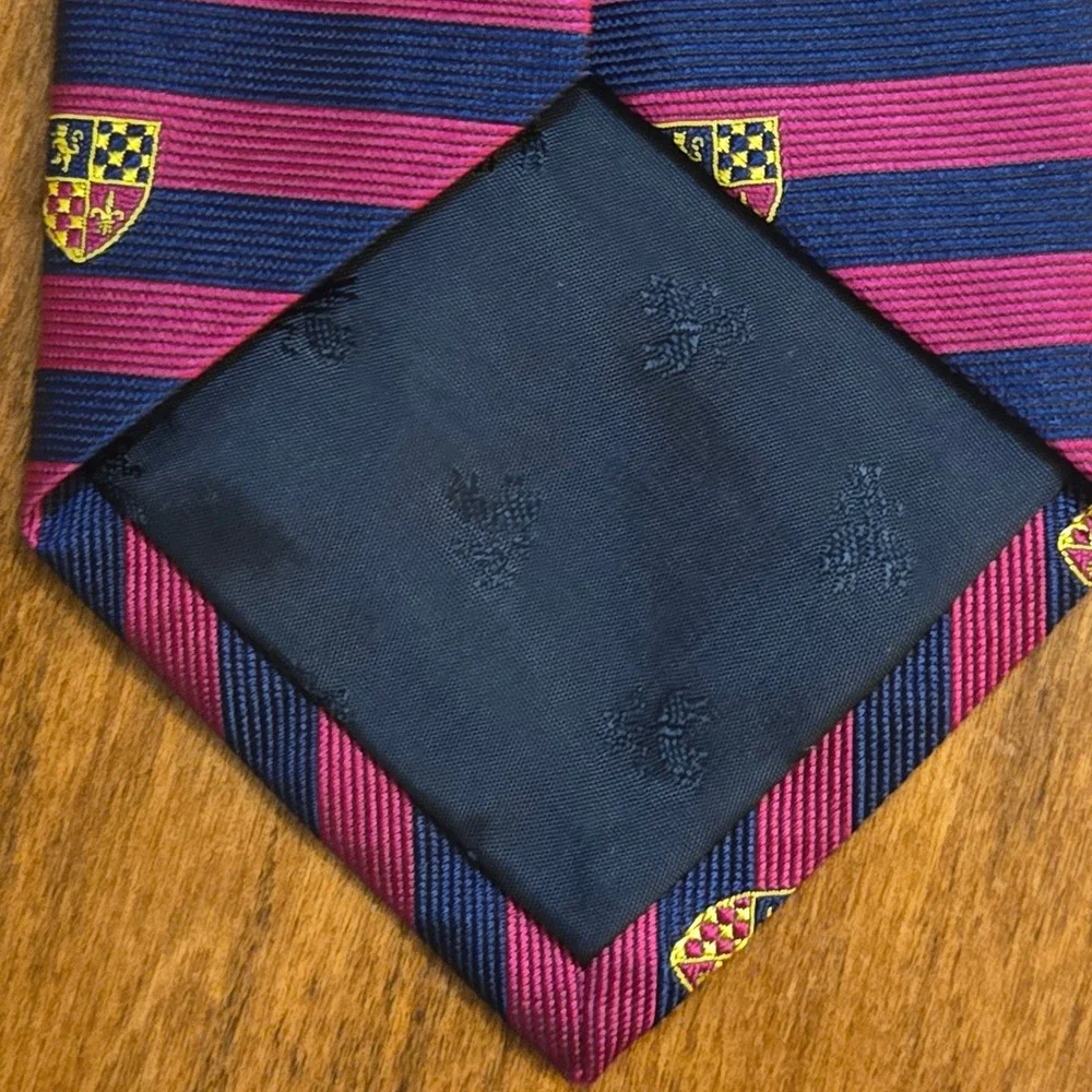 Brooks Brothers Makers Silk Tie Navy Burgundy Striped Crested Hand Made USA
